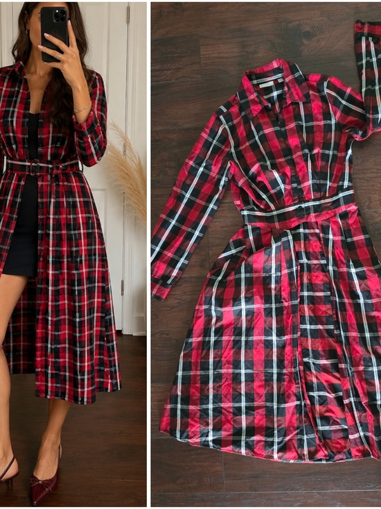 New York & Company Dresses & Skirts - New York & Company Belted Plaid Longline Shirt